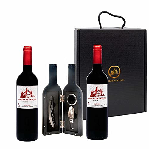 Caja Regalo Vino - Pack de 2 Botellas de Reseva + Kit Accesorios con Abrecorchos Aireador y Anillo Antigoteo con estuche - Regalo Original – D.Origen Olite Navarra – Ideal para regalar
