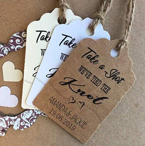 10X Personalised We Tied the Knot Take a Shot Wedding Favour Tags Thank You N3601