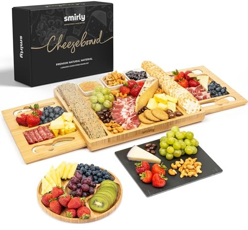 SMIRLY Plateau de fromages et ensemble de couteaux: grand plateau de charcuterie, plateau de fromages en bambou avec ensemble de couverts, plateau de fromages, plateau de fromages en bois