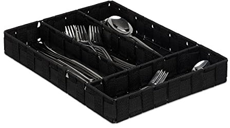 Relaxdays Besteckkasten, Schubladeneinsatz mit 4 Fächern, für Küchenbesteck, geflochten, HxBxT 4,5 x 26 x 36 cm, schwarz 10030252_46