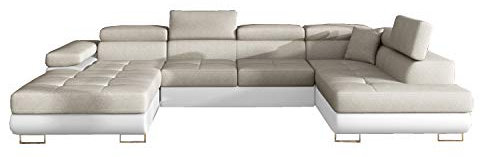 Ecksofa mit Schlaffunktion mit Bettkasten Couch U-Form Polstergarnitur Wohnlandschaft Polstersofa mit Ottomane Couchgranitur - Gonzalo U (Beige+Waiß (Dora 21+Soft 17), Ecksofa Rechts)