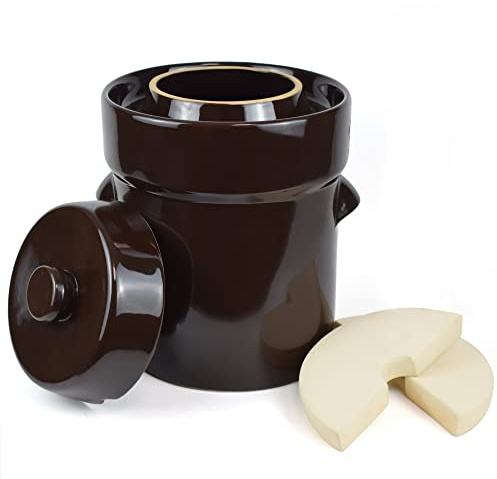 Gärtopf 10 Liter – Steingut-Topf zum Gären, Einlegen von Kimchi, Gurken, Gemüse, Kombucha – glasierter Fermenter mit Steingewichten, Deckel