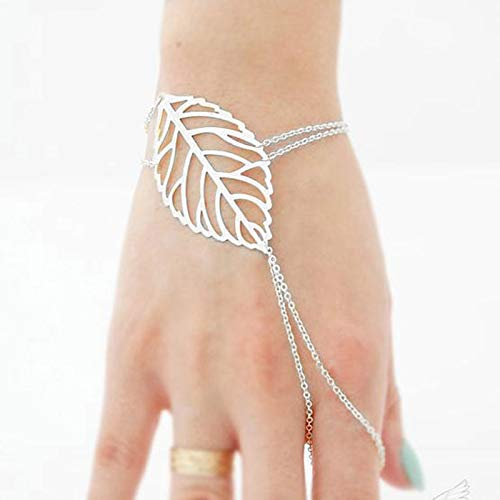 TseenYi Boho Blatt Finger Ring Armband Gold Sklave Armband Ring Verstellbare Hand Kette Schmuck für Frauen Mädchen (Silber)