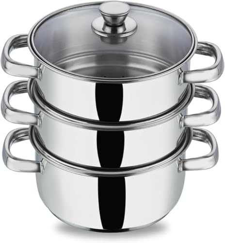 Dampfgarer mit 3 Etagen für Induktionskochfeld, Lebensmittel- und Gemüsedämpfer mit belüftetem Glasdeckel, 24 cm