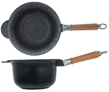 H&H Paiolo Pietra, Alluminio Pressofuso, Rivestimento Antiaderente 5 strati PFOA free con manico in legno estraibile cm 22