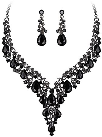 Clearine Hochzeit Schmuck-Set Tropfen Strass Cluster Statement Halskette und Ohrhänger-Set Kostümschmuck für Damen Schwarz Schwarz-Ton