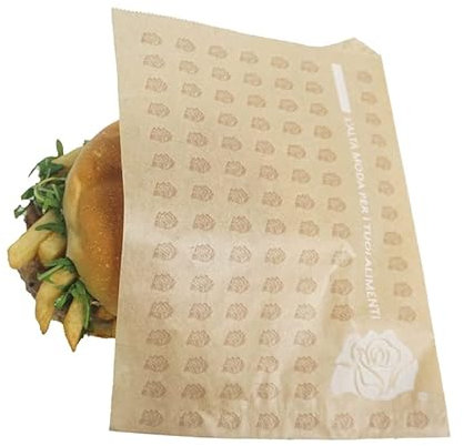 Virsus Sacchetti di carta per Panini di colore Avana, misura 16x20 cm, buste in carta Oleane Anti Grasso, resistente, per forno, piastre e microonde, per Alimenti, Hamburger, Piadine, Snack (300)