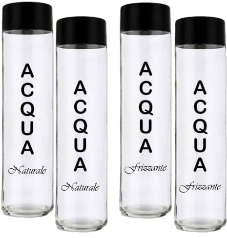 BrandPrint - Set di 4 Bottiglie in Vetro Cilindro da 750 ml con Tappo a Vite | 2 Serigrafate Acqua Naturale e 2 Acqua Frizzante | Design Elegante e Versatile