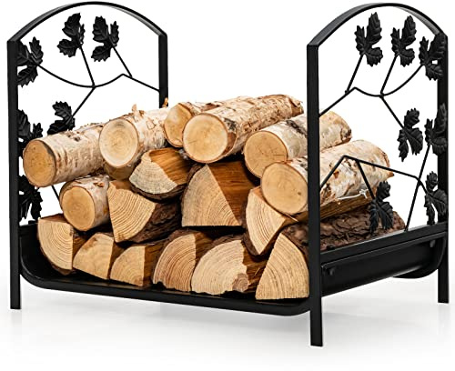 COSTWAY Porta Legna per Interni ed Esterni, Porta Legna per Camino d'Acciaio con Delicato Disegno a Foglia, Portalegna da Ardere per Caminetti, Stufe e Braciere, Portata 50 kg (48 x 34 x 41 cm)