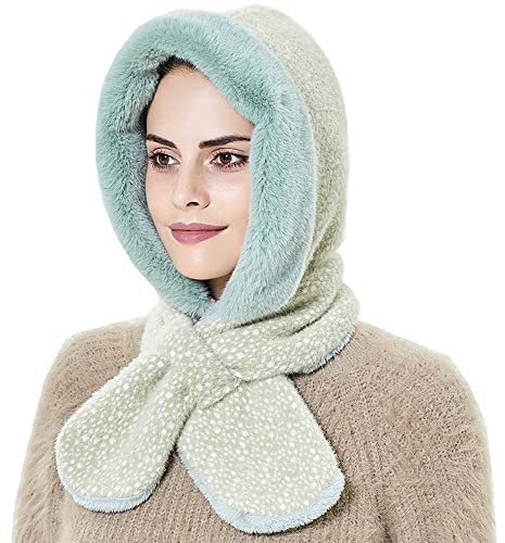 YEKEYI Wintermütze für Frauen Warm Kapuzenschal Mütze Fleece Beanie Mützen Schal Maske Winter Sturmhaube Pullover Strickmütze Skimütze, green, 7 1/8