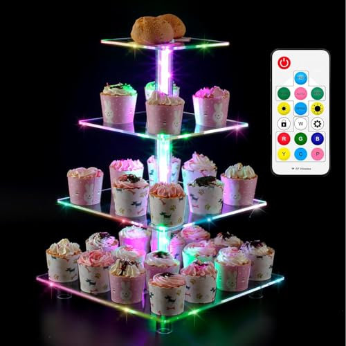 Ulifeme Cupcake Ständer mit LED-Licht und Fernbedienung, Mehrfarbiger Tortenständer 5 Etagen Acryl Quadrat Transparenter Dessert für Geburtstag, Baby Duschen, Hochzeit und Partydeko, USB-betrieben