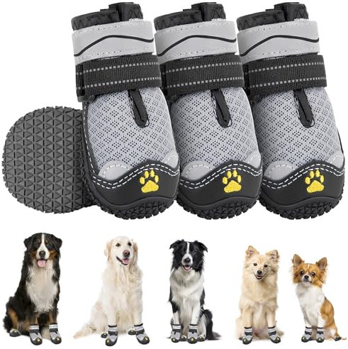 Eyein Hundeschuhe Pfotenschutz, 4 Stück atmungsaktiv Hundeschuhe mit Rutschfester Sohle und reflektierendem Klettverschluss für kleine, mittlere und große Hunde, Sport im Freien, Grau, Größe 3