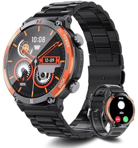 TIFOZEN Smartwatch Herren mit Telefonfunktion, 1,52 Fitnessuhr mit Kompass, 420Amh, IP68 Wasserdicht, 110+ Sportmodi, SpO2, Herzfrequenz Schlafmonitor für iOS/Android(Schwarz/Orange)
