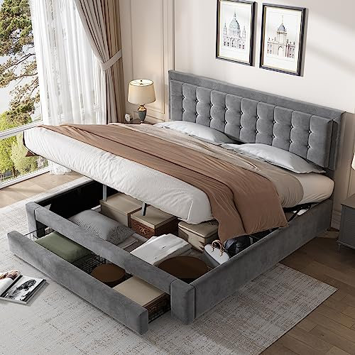 Tkopy Doppelbett 180x200, Polsterbett mit Schubladen und Stauraum, Bett mit Lattenrost und Kopfteil, Stauraumbett Hydraulisch Polsterbett Rückenlehne Bett, Samtstoff, Grau (ohne Matratze)