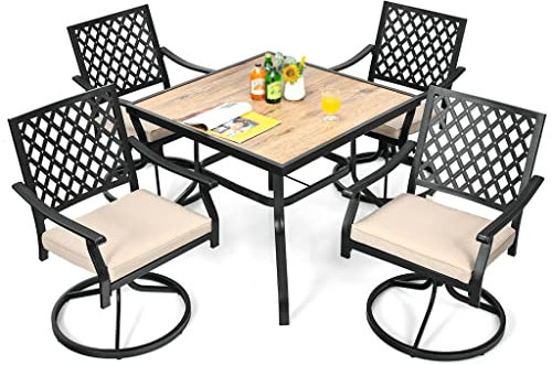 ZYMEN 5-teiliges Terrassen-Esstisch-Set mit quadratischem Tisch und 4 Stühlen, Schaukelstuhl und gepolstertem Esstisch-Set Commemoration Day