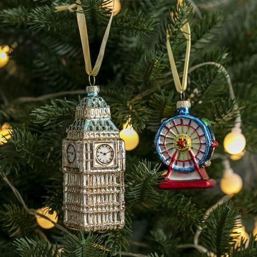 Amanman Glas-Weihnachtsschmuck 2023, 2 Stück Big Ben und London Eye Ornamente für Weihnachtsbaum, geblasene Glasornamente für Weihnachtsbaumschmuck