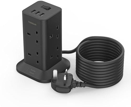 Tower Black Extension Lead 5M with 3 USB Slots, TESSAN 8 Way Multi Plug Extension Socket, Surge Protected Extension Cable with Switch, Multiplug Power Strip for Home, Office Supplies