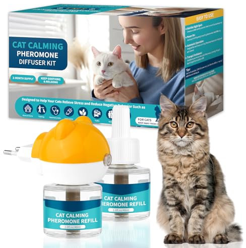 VICSOM Difusor Feromonas para Gatos 3 EN 1-60 Días Difusor Feromonas Gatos para Antiestres Gatos, Relajante para Gatos, 48ml Kit Difusor Tranquilizante para Gatos Calmante (1 Difusor + 2 Recambios)