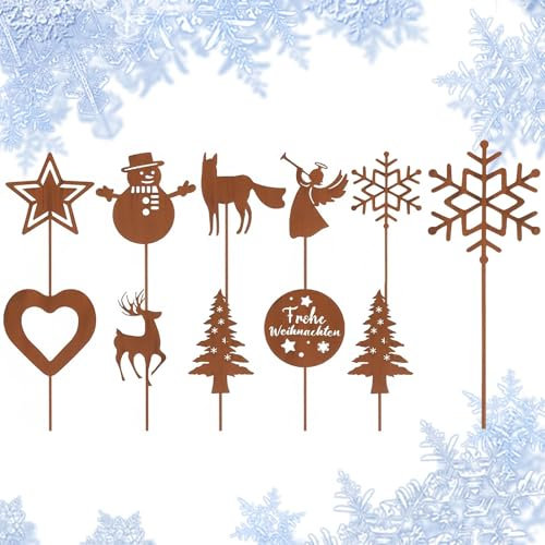 Wondsea 11 Stück Gartenstecker Weihnachten Rost,Roststecker Hirsch Weihnachtsdeko,Weihnachtsstecker Rost,Rostige Gartendeko Weihnachten,Metallstecker Garten Rost für Blumenkasten,Draußen