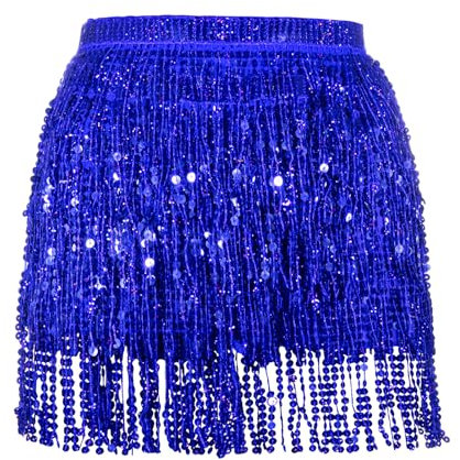 Soudittur Quasten Paillettenrock Damen Glitzer Rock Damen Steampunk Quastenrock Bauchtanz Hüftschal Karneval Fransen Rave Outfit Kostüm Dunkelblau