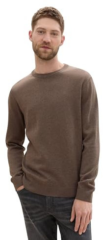 TOM TAILOR Herren Basic Crewneck Pullover aus Baumwolle, 36303 - Wood Brown Melange, XXXL