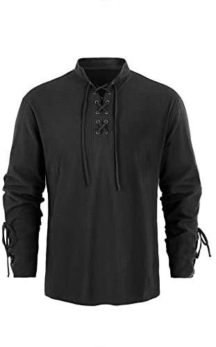 Runcati Camicia da uomo medievale steampunk pirata costume vichingo con lacci vittoriano rinascimentale colletto alto cosplay top