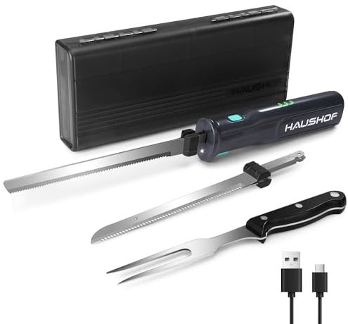 HAUSHOF Elektromesser, Kabelloses Küchenmesser mit 2 Edelstahlklingen, Elektrisches Messer mit Gabel, 2000 mAh Akku für Präzises Schneiden von Brot, Fleisch und Käse, mit Aufbewahrungsbox, Grau