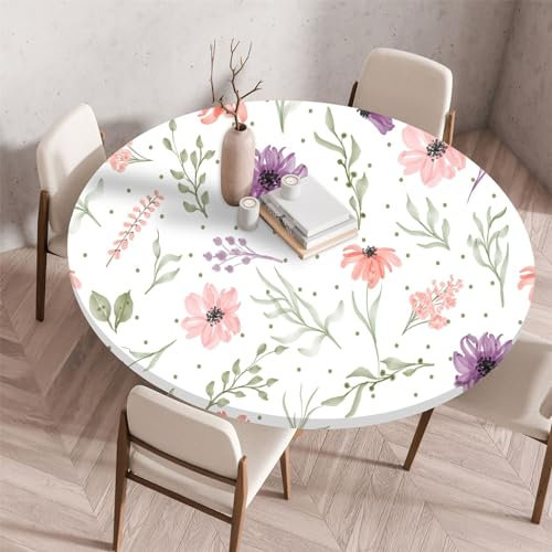 Highdi 3D Elastische Tischdecke Rund wasserdichte, Tischdecke Outdoor Round Blümchenmuster Spanntischdecke mit Gummizug für Esszimmer, Küche und Picknick (120cm,Botanische Blumen)