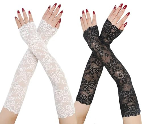 CWPFVQA 2 Paar Spitzen-Armstulpen, Fingerlose Handschuhe, Weiß, Nylon, Erwachsene, Female, Normal, 15 cm x 20 cm x 1 cm