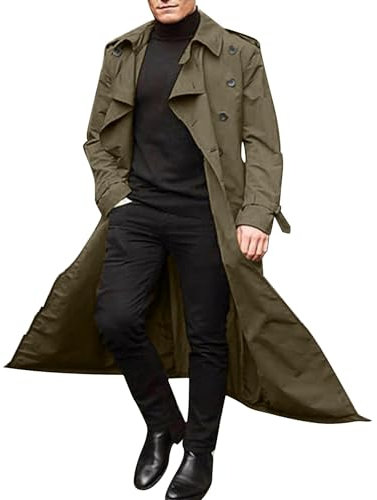 Herren und Winter langer Trenchcoat Zweireiher Mäntel Gürtel lose Jacke Geldbörse Herren (Khaki, XL)