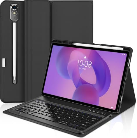 WAVATA Funda con Teclado para Lenovo Idea Tab Pro Tablet 12.7'' 2025, Teclado Español Ñ para Lenovo Tablet Idea 12.7'' 2025, Teclado Bluetooth Desmontable para Lenovo Idea Tab Pro 12.7'', Negro