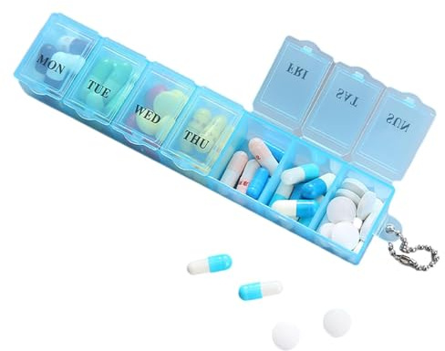 Tablettenbox 7 Tage, Pillendose 7 Tage Regenbogen Medikamentenbox Wochen Tablettendose Kleine eicht Zu Öffnen mit einem einzigartigen Design und Fächern für Unterwegs