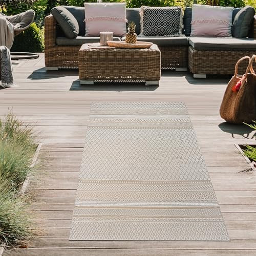 Teppich-Traum Teppich für Wohnzimmer Schlafzimmer Gästezimmer In- & Outdoorteppich im Ethno-Look – Modernes Rauten-Muster in Beige-Gelb 80 x 150 cm