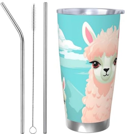 QMNEHJ Edelstahlbecher mit Deckel und Strohhalm, doppelwandig, vakuumisoliert, Thermobecher, wunderschöner Alpaka-Reise-Kaffeebecher, wiederverwendbare Wasserflasche für heiße und kalte Getränke, 590