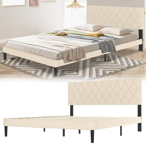 Suusolny Polsterbett Bettgestell mit Kopfteil aus Leder und Lattenrost Einzelbett Doppelbett Einfache Montage mit Installationstools Bettrahmen Bis 300KG Beige 160 x 200 cm