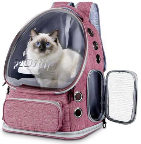 Katzenrucksack mit großem Raumkapsel-Fenster, flugzugelassene atmungsaktive Haustiertasche für kleine Hunde & Katzen bis 6,8kg (15lbs), faltbar für Reisen Wandern & Outdoor(Rosa)