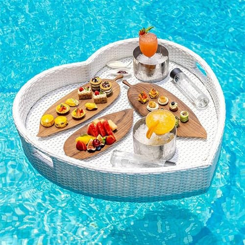 TozMvi Schwimmendes Tablett Für Den Pool, Herzförmiger Rattan-Schwimmtisch, Schwimmendes Frühstückstablett Auf Dem Wasser, Für Partys, Hochzeit White