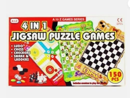 JMS 4-in-1 Board Game Set with Jigsaw Puzzle, 150 Pieces, Includes Ludo, Chess, Checkers, Snake & Ladders - CREATE YOUR OWN JIGSAW & PLAY - Double Fun