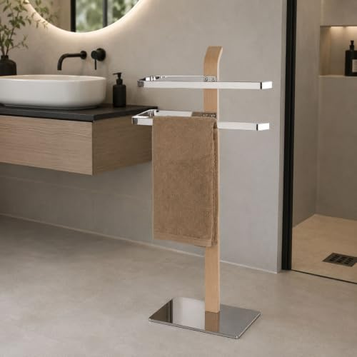 Yellowshop - Piantana Bagno Essenza in Legno Naturale e Metallo Cromato – Porta Asciugamani o Porta Rotolo WC con Scopino – Design Elegante, Base Stabile, Montaggio Facile (Porta Salviette)