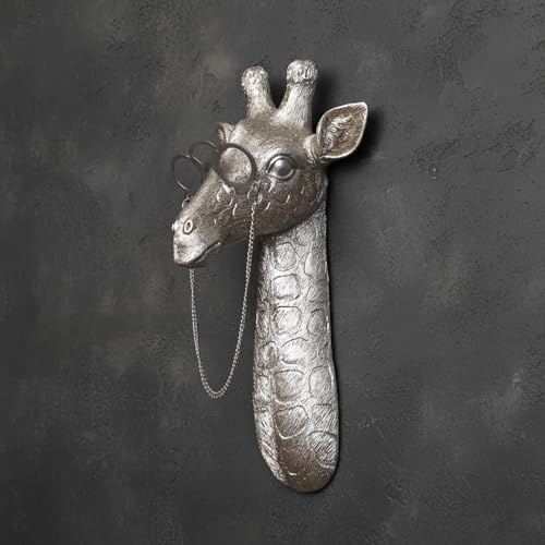 WVOPIAHY Giraffen-Wanddekoration mit Brille, 29 cm, Kunstharz, Antik Silber, Art Deco Wandskulptur