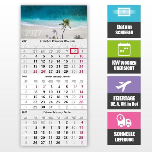 3 Monatskalender 2027 mit Datumsschieber – Wandkalender 30 x 49 cm für optimale Planung, 3 Monate Übersicht Wandplaner, Bürokalender, 3 Monats Kalender, KW-Wochen, Feiertage markiert