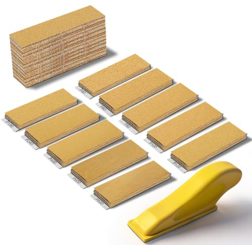 UMXIUO 100 Stück Schleifpapier mit Schleifklotz, Schmirgelpapier 93 x 30mm | Schleifblätter Körnung 40 bis 800, Sandpapier für Schleifen und Polieren Holzmöbel/Stein/Lack/Metall/Glas