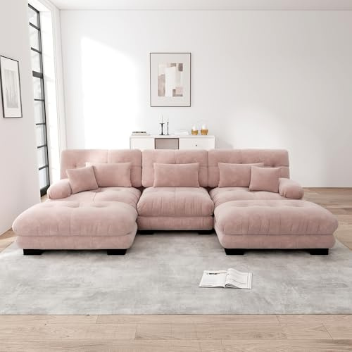 MURUL Lussuoso divano angolare modulare a forma di U, per soggiorno, seduta profonda, convertibile con ottomano, in ciniglia rosa