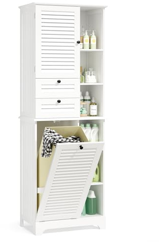 Xbro Badezimmerschrank mit Wäschekorb, Badschrank Hoch 170x37x60cm, Schmaler Wäscheschrank für Badezimmer, Wohnzimmer, Küche, Weiß
