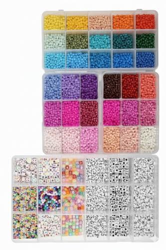 Jungengel Perlen Bastelset DIY Schmuck 4 Boxen 53 Fächer Buchstabenperlen Motivperlen Rocailles Kinder Basteln Armbänder Ketten mit 3 Elastische Bänder Aufbewahrungsbox Set für Mädchen Erwachsene