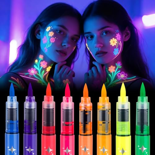 8 lápices de colores de luz negra, neón que brillan en la oscuridad fluorescentes UV, pintura facial, colores corporales, juego de lápices para festivales, accesorios decorativos para fiestas de neón
