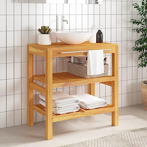 QUAHEAS Waschtischunterschrank 74x45x75 cm, Massivholz Teak, mit 2 Ablagen, Handtuchstange, Badezimmerschrank für Waschbecken, Badmöbel, Badezimmer-Waschtisch