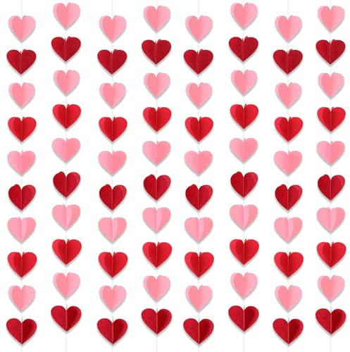 DPKOW 3D Glitzer Herz Girlande Valentinstag Deko, 80 Stk Rote und Rosa Herzgirlande Herzen Deko, Valentines Day Decorations, Herz Papiergirlanden Banner Herzdeko Valentinsdeko Galentines Day Hochzeits