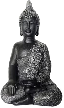 Relaxdays Buddha Figur sitzend, 45 cm, Gartenfigur, Vintage Dekofigur Wohnzimmer, wetterfest, frostsicher, anthrazit