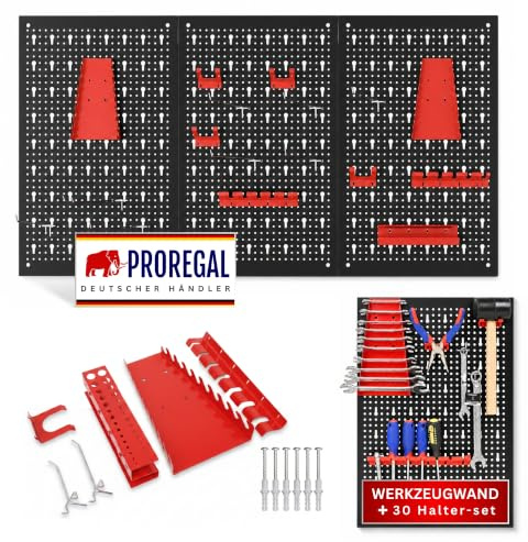 PROREGAL 3x Werkzeugwand ARES, Werkzeug Lochwand Set aus Metall, Lochplatte inkl. 30 Haken & Halterungen, 120x60cm, inkl. Montagematerial, Werkzeughalter Werkstatt Werkzeuglochwand Erweiterbar